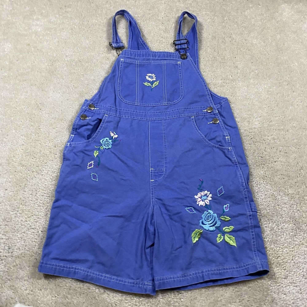 VTG L.L.Bean Overall Shorts Girls L Blue Floral Embroidered Cotton Summer Boho